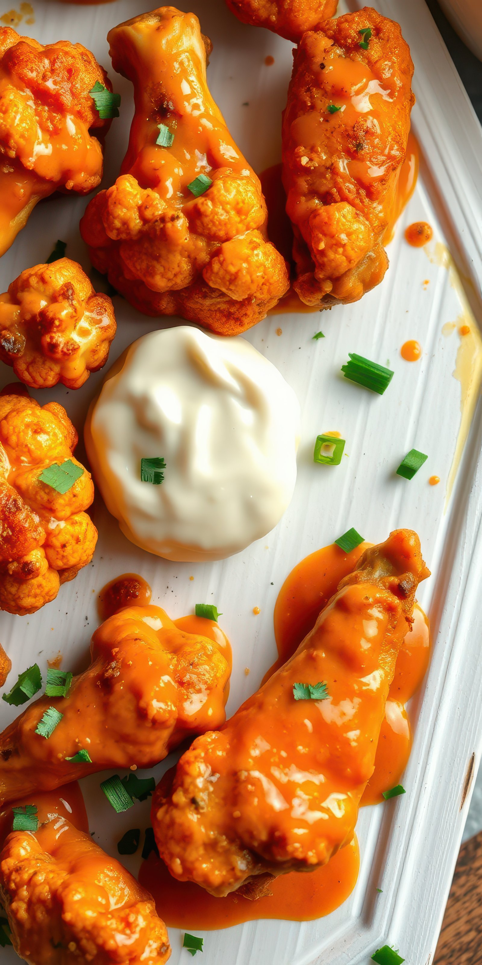 Spicy buffalo wings and cauliflower served with creamy dip at a casual dining setting
